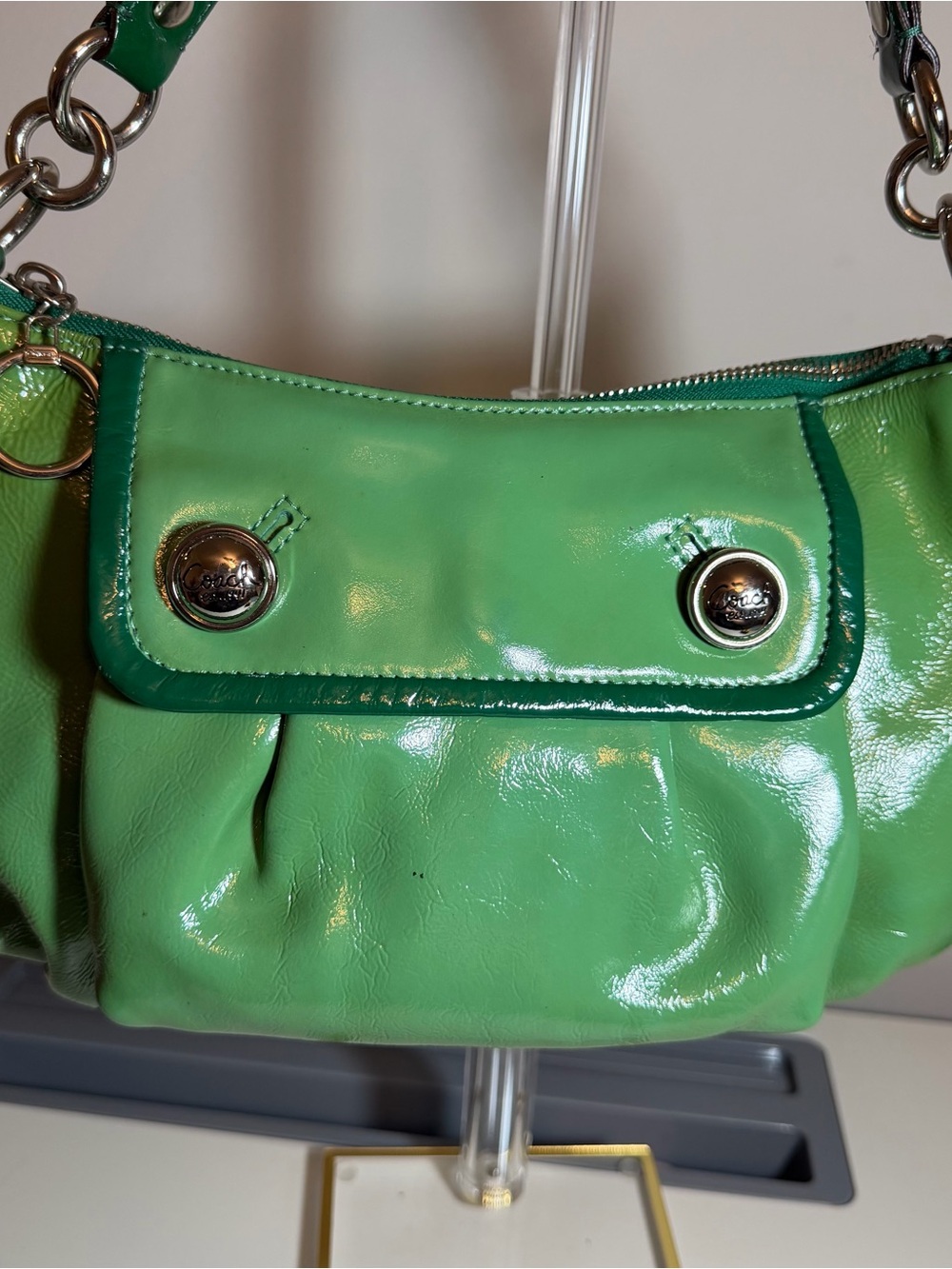 Coach Green Patent Leather Shoulder Bag with Silver Hardware